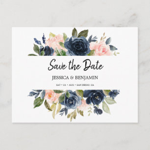Carte Postale Chic Bleu Marine Rose Floral Enregistrer La Date