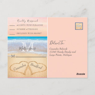 Carte Postale Chic Blush Coeurs Rose Sand Beach Wedding RSVP