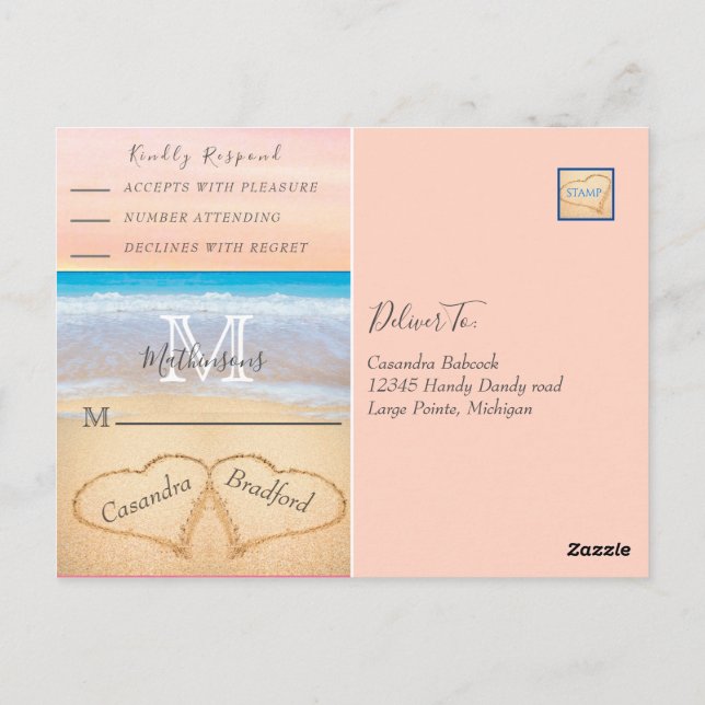 Carte Postale Chic Blush Coeurs Rose Sand Beach Wedding RSVP (Dos)