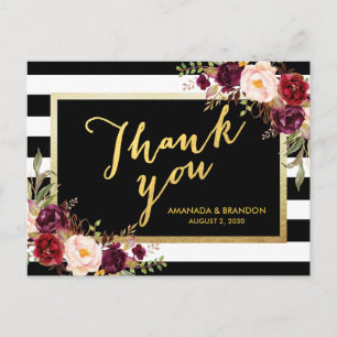 Carte Postale Chic Bourgogne Floral or noir Merci Mariage