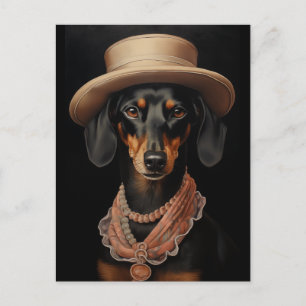 Carte Postale Chic Dachshund Avec Casquette Crème