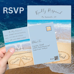 Carte Postale Chic Dusty Blue Hearts Sand Beach Wedding RSVP