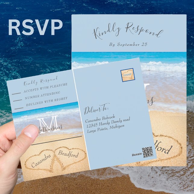 Carte Postale Chic Dusty Blue Hearts Sand Beach Wedding RSVP (Créateur téléchargé)