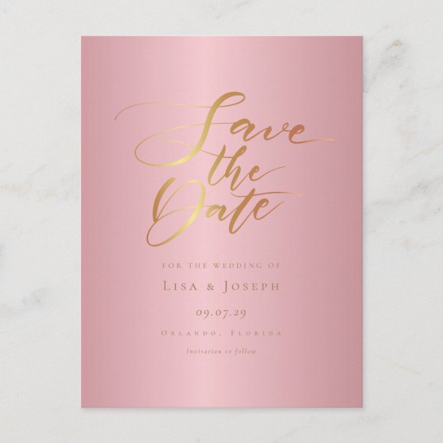 Carte Postale Chic Élégant Rose Gold Script Faire-Part de Date (Devant)