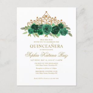 Carte Postale Chic Floral Emerald Green Gold Tiara Quinceañera