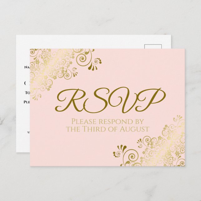 Carte Postale Chic Gold Frills sur Blush Rose Wedding RSVP (Devant / Derrière)