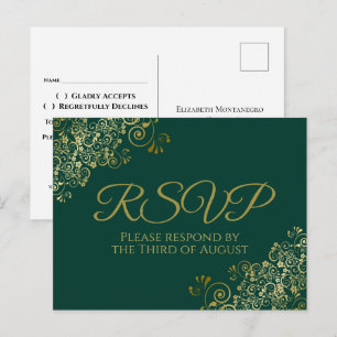 Carte Postale Chic Gold Frills sur Emerald Green Wedding RSVP