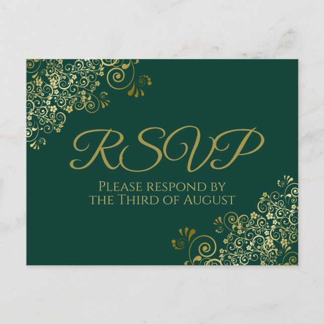 Carte Postale Chic Gold Frills sur Emerald Green Wedding RSVP (Devant)
