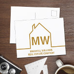 Carte Postale Chic Gold House Real Estate Company Marketing<br><div class="desc">Cette carte postale marketing monogramme de l'or chic est faite sur mesure avec le nom de votre société immobilière sous les initiales de l'agent immobilier en typographie simple. Ce design minimaliste présente un contour simple d'une maison. Cartes postales modernes pour un agent qui travaille à acheter et vendre des maisons....</div>