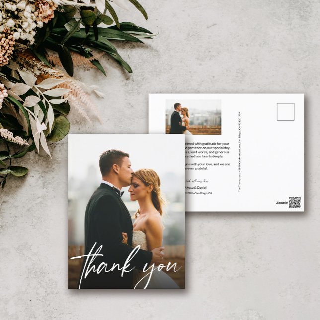 Carte Postale Chic handlettering photo mariage merci (Modern Wedding thank you postcards. 2 custom photos and personal message.)