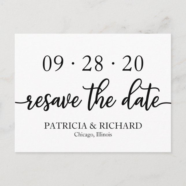 Carte Postale Chic mariage noir et blanc réserver la date (Devant)