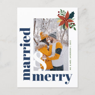 Carte Postale Chic Marié et Joyeux Photo Noël Poinsettia