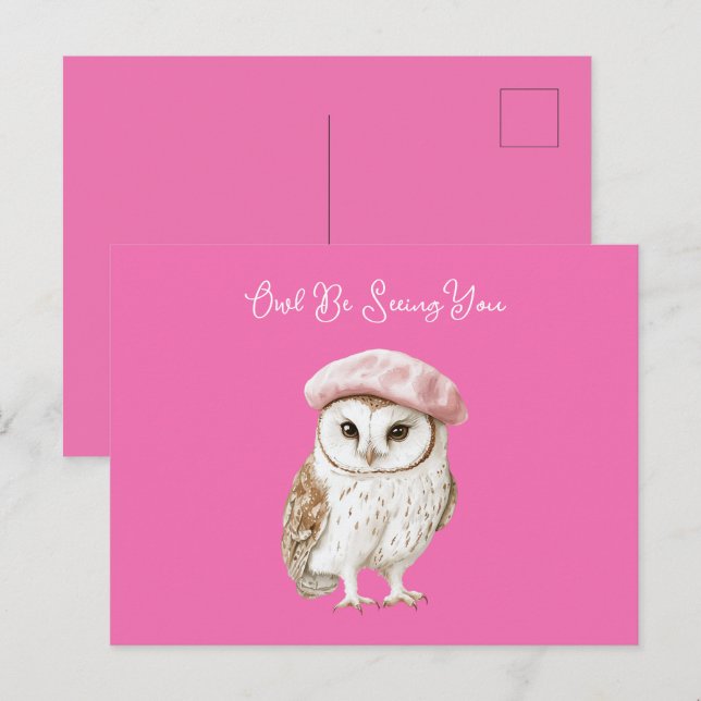 Carte Postale Chic Pink Beret Brown White Owl Be Seeing You (Devant / Derrière)