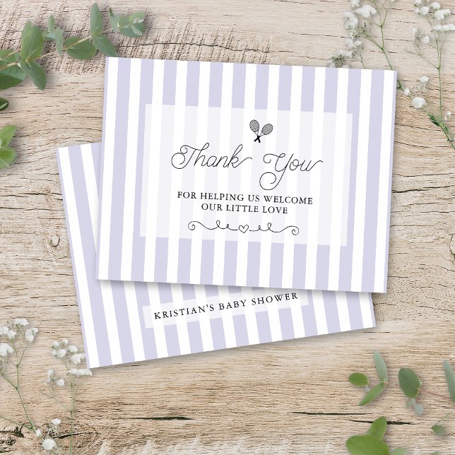 Carte Postale Chic Purple Striped Tennis Preppy Thank You Cards (purple tennis theme thank you cards with elegant preppy striped design)
