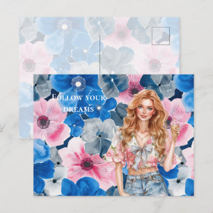 Carte Postale Chic Rose Bleu Été Floral Red Hair Girl