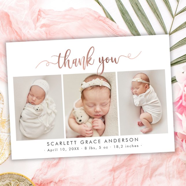 Carte Postale Chic Rose Gold Script Baby Photo Collage Merci (Créateur téléchargé)