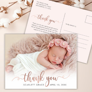 Carte Postale Chic Rose Gold Script Nouveau-né bébé photo Merci