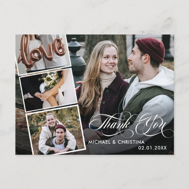 Carte Postale Chic Script 4 Photo Collage Mariage Remerciement (Devant)