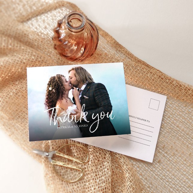 Carte Postale Chic Script Élégant Mariage Photo Merci (Créateur téléchargé)