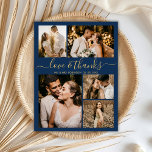 Carte Postale Chic Script Love et Merci Mariage Merci Pos<br><div class="desc">Elégant, minimaliste or et Mariage de script marine 5 Photo Collage Merci Postcard. Modèle carte de remerciements mariage moderne avec cinq (5) photos à l'avant et une (1) photo à l'arrière. Avec le texte "Amour et merci" dans une tourbillonnant police de script de typographie en or sur bleu marine couleur...</div>