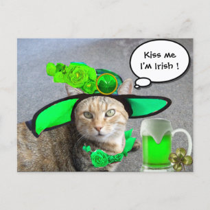 CARTE POSTALE CHIC ST.PATRICK'S DAY CAT, ROSES VERTS, BIÈRE IRLA