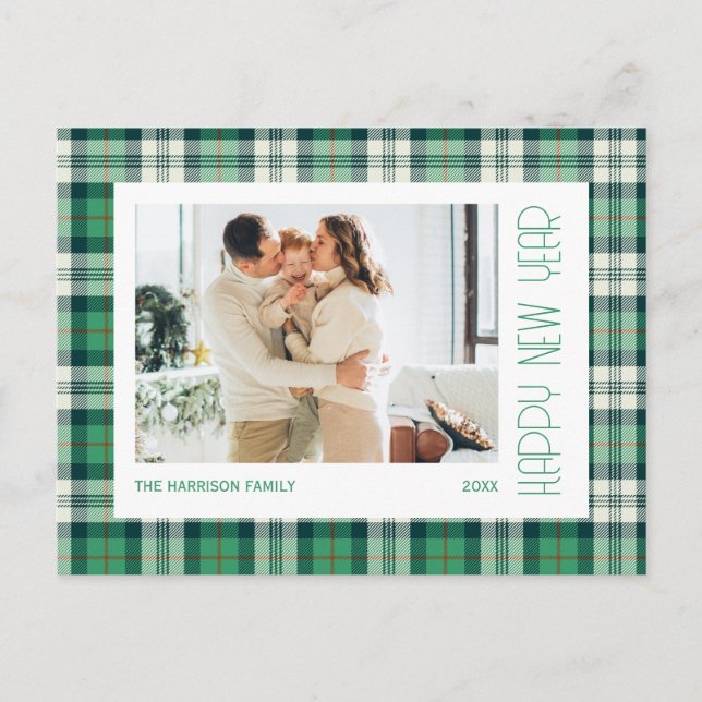 Carte Postale Chic Tartan Vert Plaid Bonne Année Photo (Devant)
