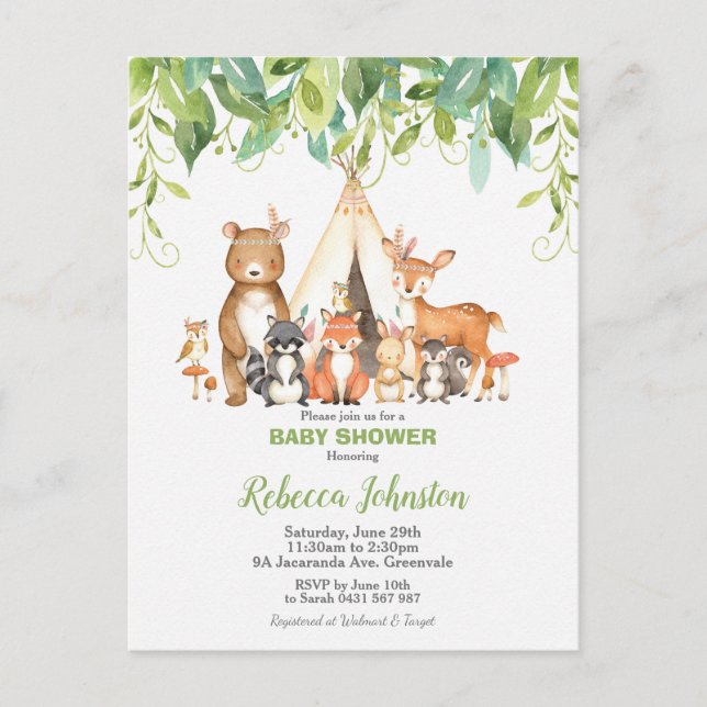 Carte Postale Chic Tribal Woodland Animaux Baby shower verdoyant (Devant)