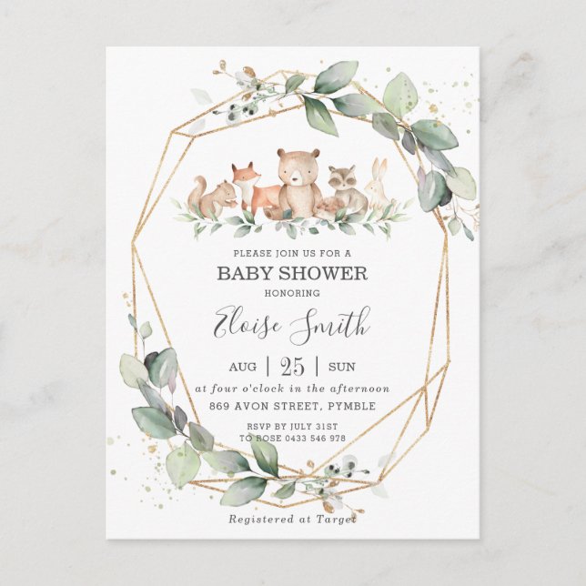 Carte Postale Chic verdure Bois Animaux Baby shower Neutre (Devant)