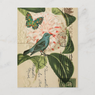 Carte Postale Chic Vintage Oiseau camélia art botanique français