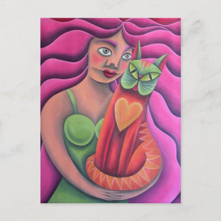 Carte Postale Chica y su gato verde pintura óleo arte
