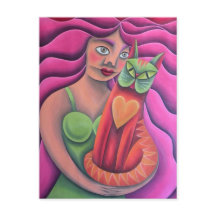 Chica y su gato verde pintura óleo arte