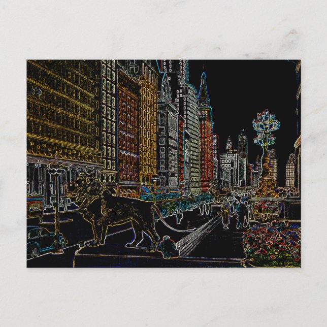 CARTE POSTALE CHICAGO ART INSTITUTE LIONS MICHIGAN AVE NEON 1930 (Devant)