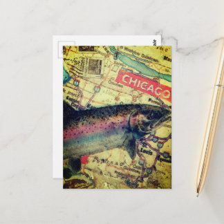Carte Postale Chicago Fish Map Mixed Media Collage