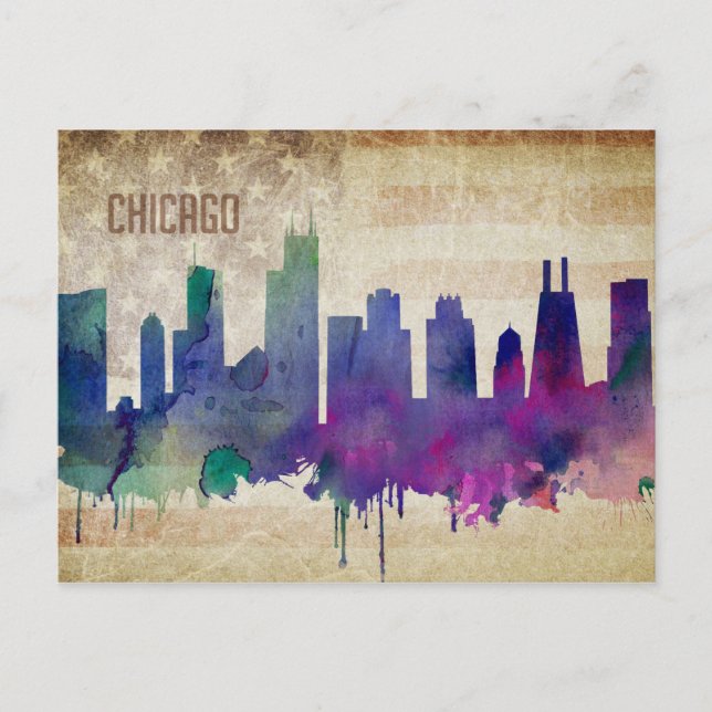 Carte Postale Chicago, IL | Aquarelle Ville Skyline (Devant)