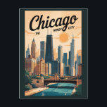 Carte Postale Chicago Illinois Skyline Travel Art Vintage<br><div class="desc">Conception de déplacement vectoriel rétro de Chicago. Chicago,  la ville venteuse de l'Illinois,  est célèbre pour son skyline emblématique,  son architecture de classe mondiale et sa scène culturelle vibrante.</div>