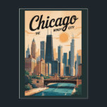 Carte Postale Chicago Illinois Skyline Travel Art Vintage<br><div class="desc">Conception de déplacement vectoriel rétro de Chicago. Chicago,  la ville venteuse de l'Illinois,  est célèbre pour son skyline emblématique,  son architecture de classe mondiale et sa scène culturelle vibrante.</div>