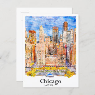 Carte Postale Chicago Illinois Voyage Aquarelle main tirée