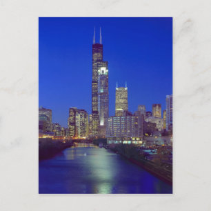 Carte Postale Chicago, Illinois, vue panoramique nocturne avec C
