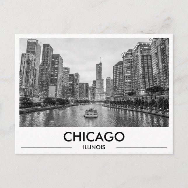 Carte Postale Chicago Riverwalk Black & White Downtown Skyline (Devant)