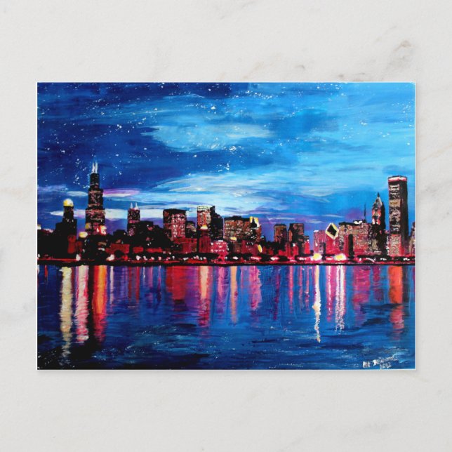 Carte Postale Chicago Skyline La Nuit (Devant)