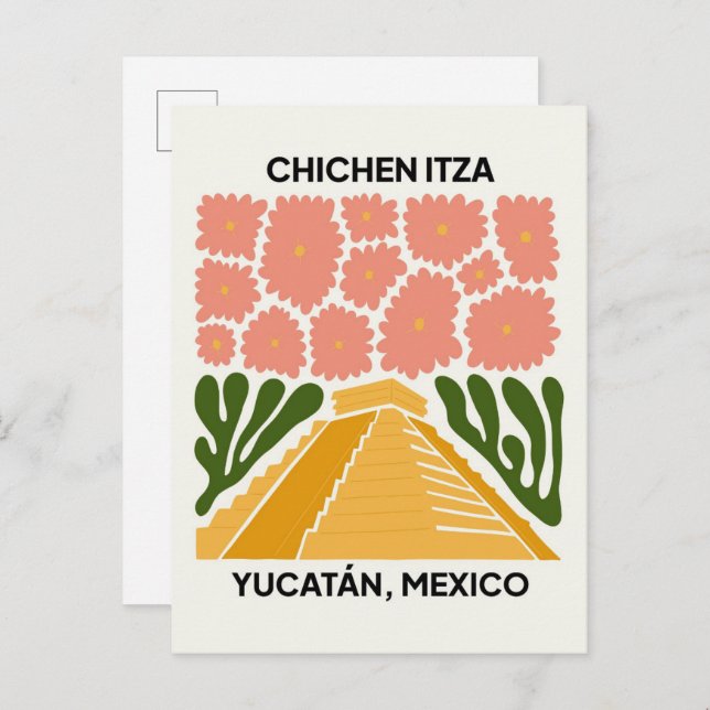 Carte Postale Chichen Itza Yucatan Mexique voyage art floral (Devant / Derrière)