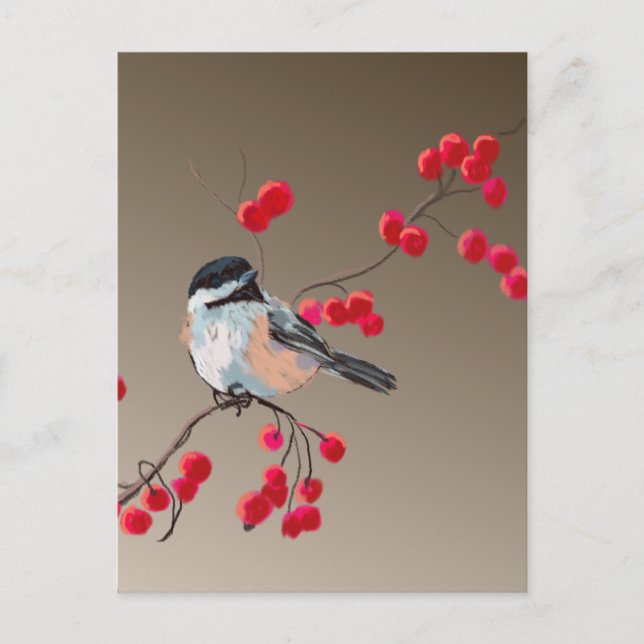 Carte Postale CHICKADEE & BERRIES ROUGES par SHARON SHARPE (Devant)