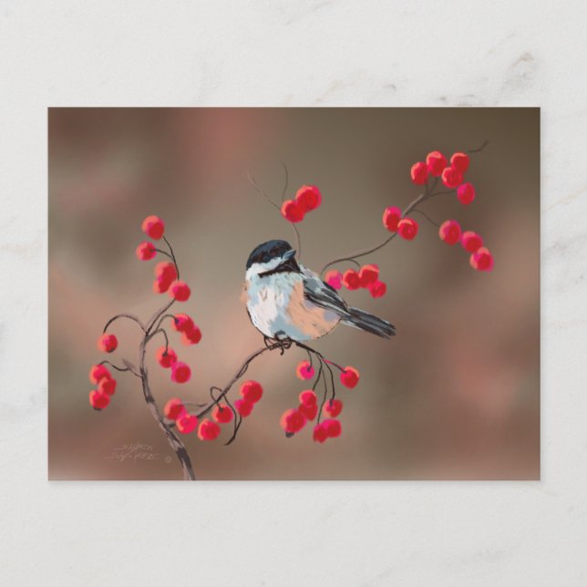 Carte Postale CHICKADEE & BERRIES ROUGES par SHARON SHARPE (Devant)