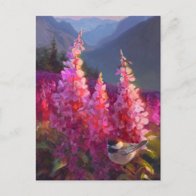 Carte Postale Chickadee sur les Fleurs sauvages de l'Alaska avec (Devant)