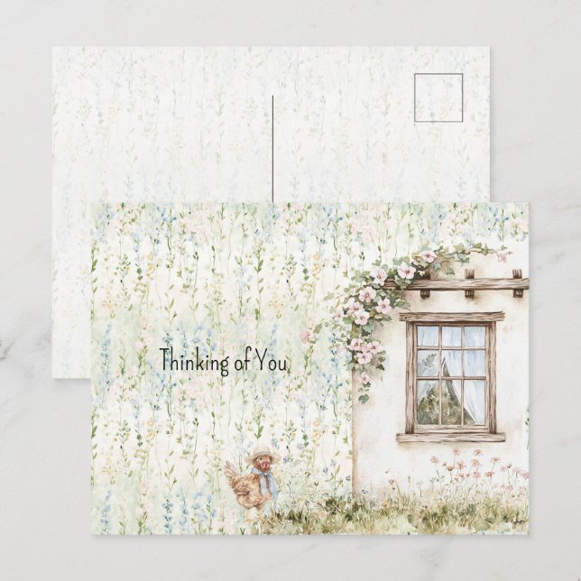 Carte Postale Chicken Romantic House Window Floral (Devant / Derrière)