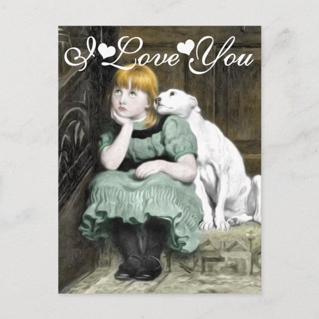 Carte Postale Chien Adoring Girl Victorian Peinture Je Vous Aime (Devant)