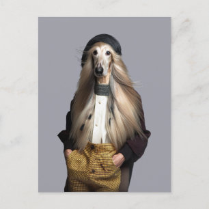 Carte Postale Chien afghan blond aux cheveux longs en pantalon