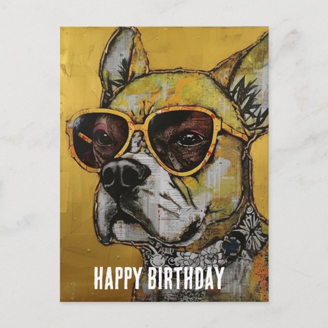 Carte Postale Chien aux lunettes jaunes Collage d'anniversaire e (Devant)