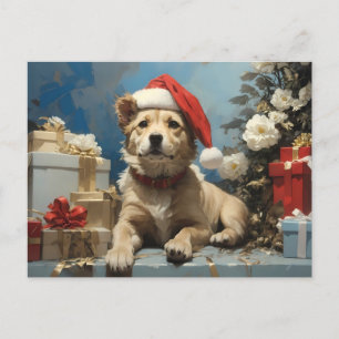 Carte Postale chien avec chapeau santa et de nombreuses boîtes c