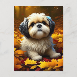 Carte Postale Chien chiot Shih Tzu jouant dans les feuilles d'au